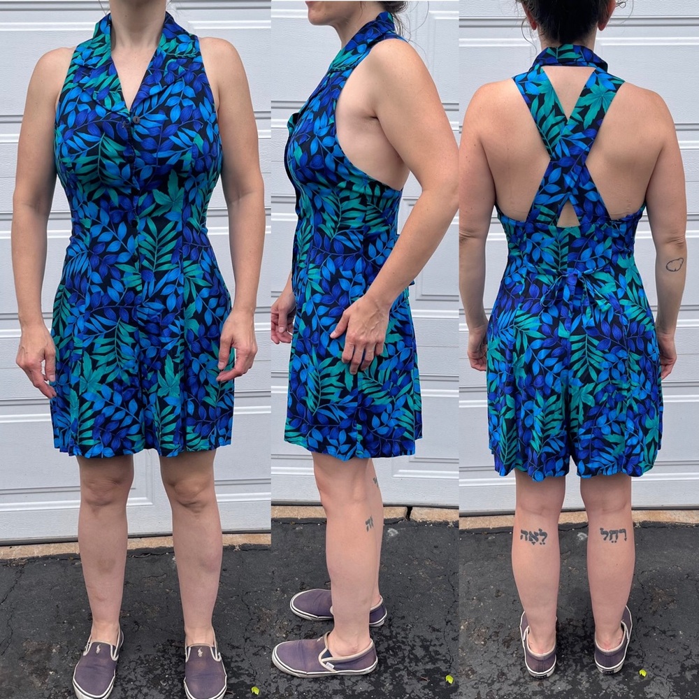 Vintage Romper Basic Editions Sz 10 Wmns Rayon 80s 90s Summer Floral Blue Green.